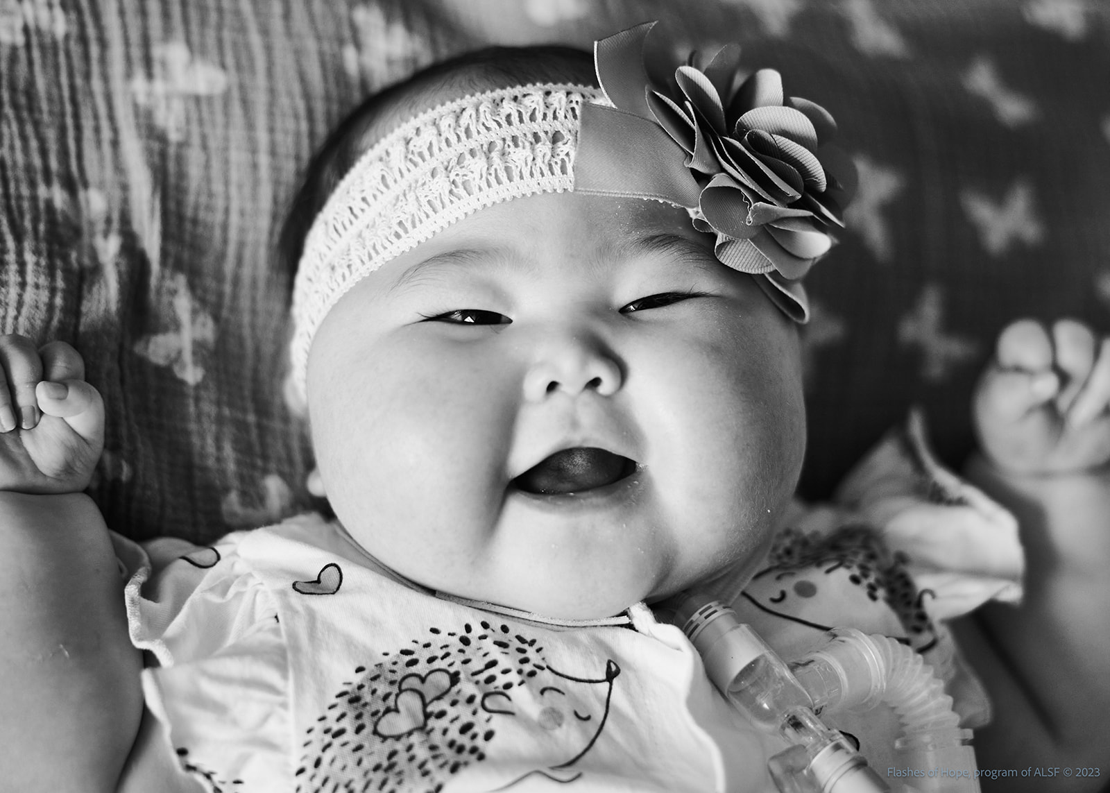 Black and white closeup of Constance laughing